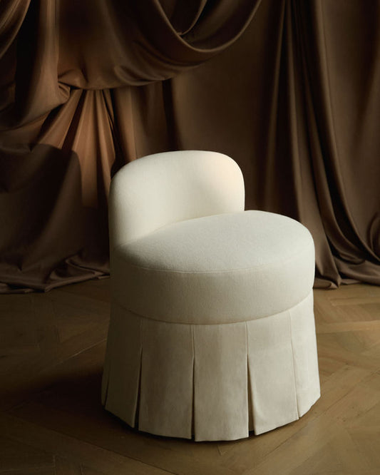 Roo stool upholstered with pleated skirt by Frances Jean
