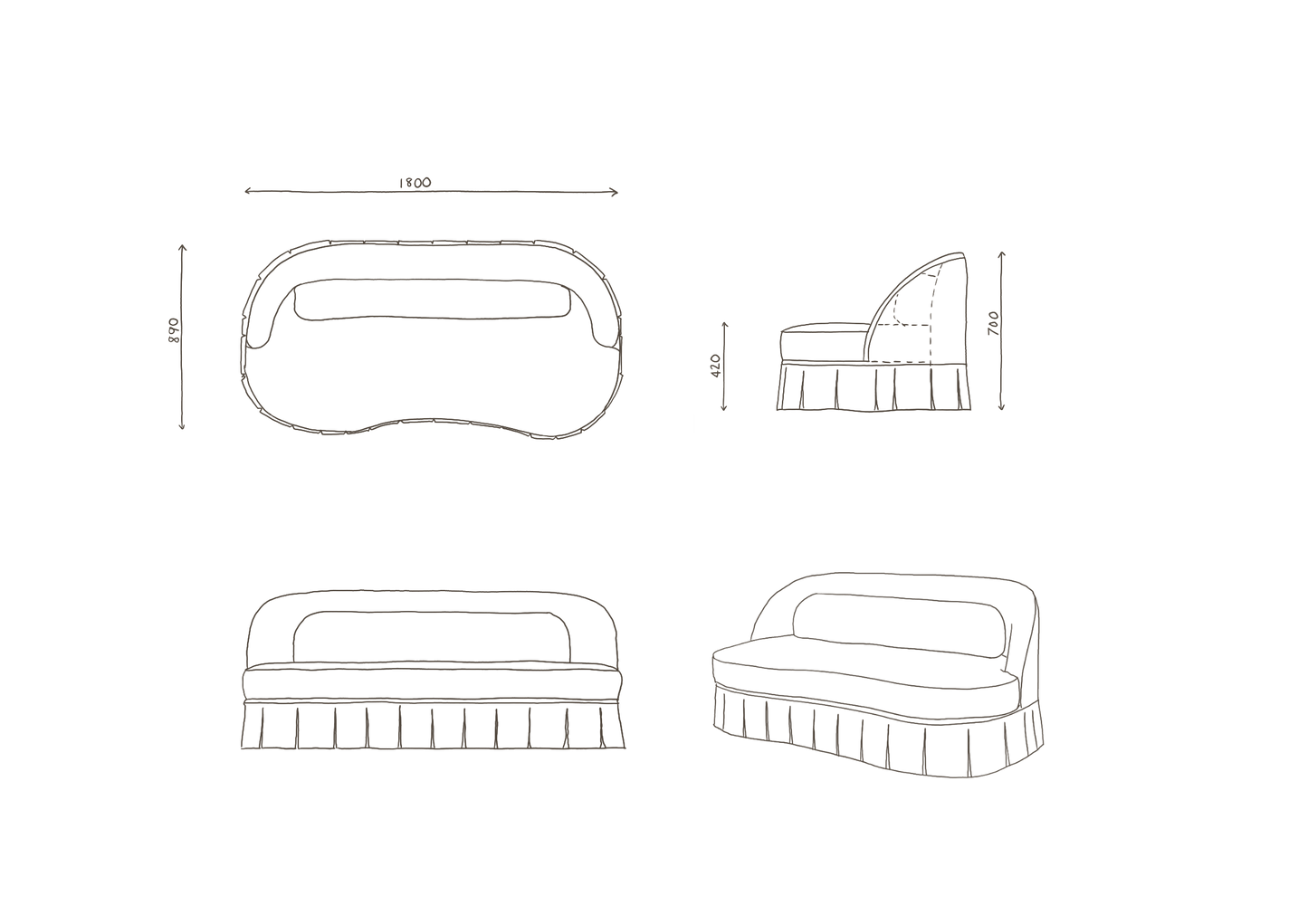 Technical drawing of a sofa with dimensions on a white background