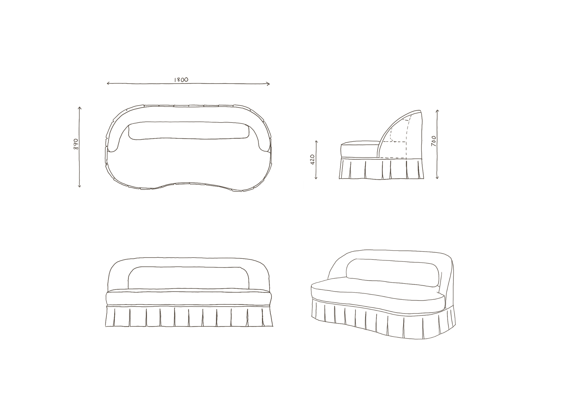 Technical drawing of a sofa with dimensions on a white background