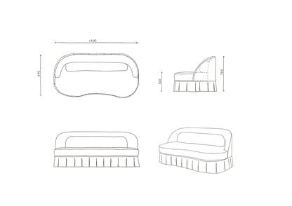 Technical drawing of a sofa with dimensions on a white background